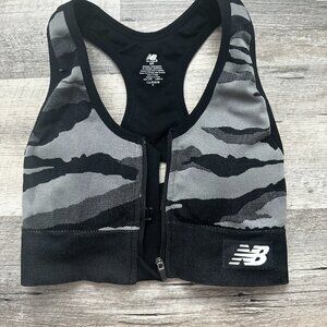 New Balance sports bra, black, gray, camo, front zipper, racerback, size S